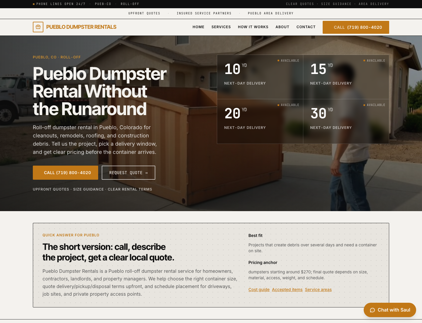 Pueblo Dumpster Rentals website screenshot